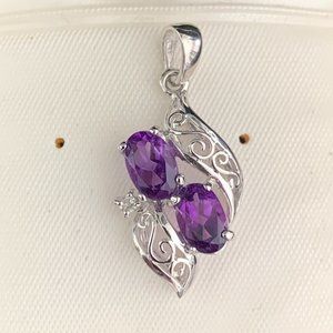 NEW 2 x 14K White Gold Amethyst Diamond Pendants